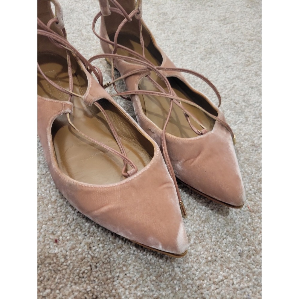 Aquazzura Pink Velvet Lace Up Ballet Flats Pointed Toe Shoes 36.5
